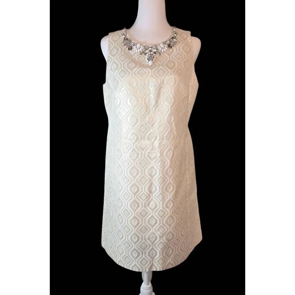 White House Black Market Womens Size 8 Ivory Silver/Gold Metallic Jacquard Dress
